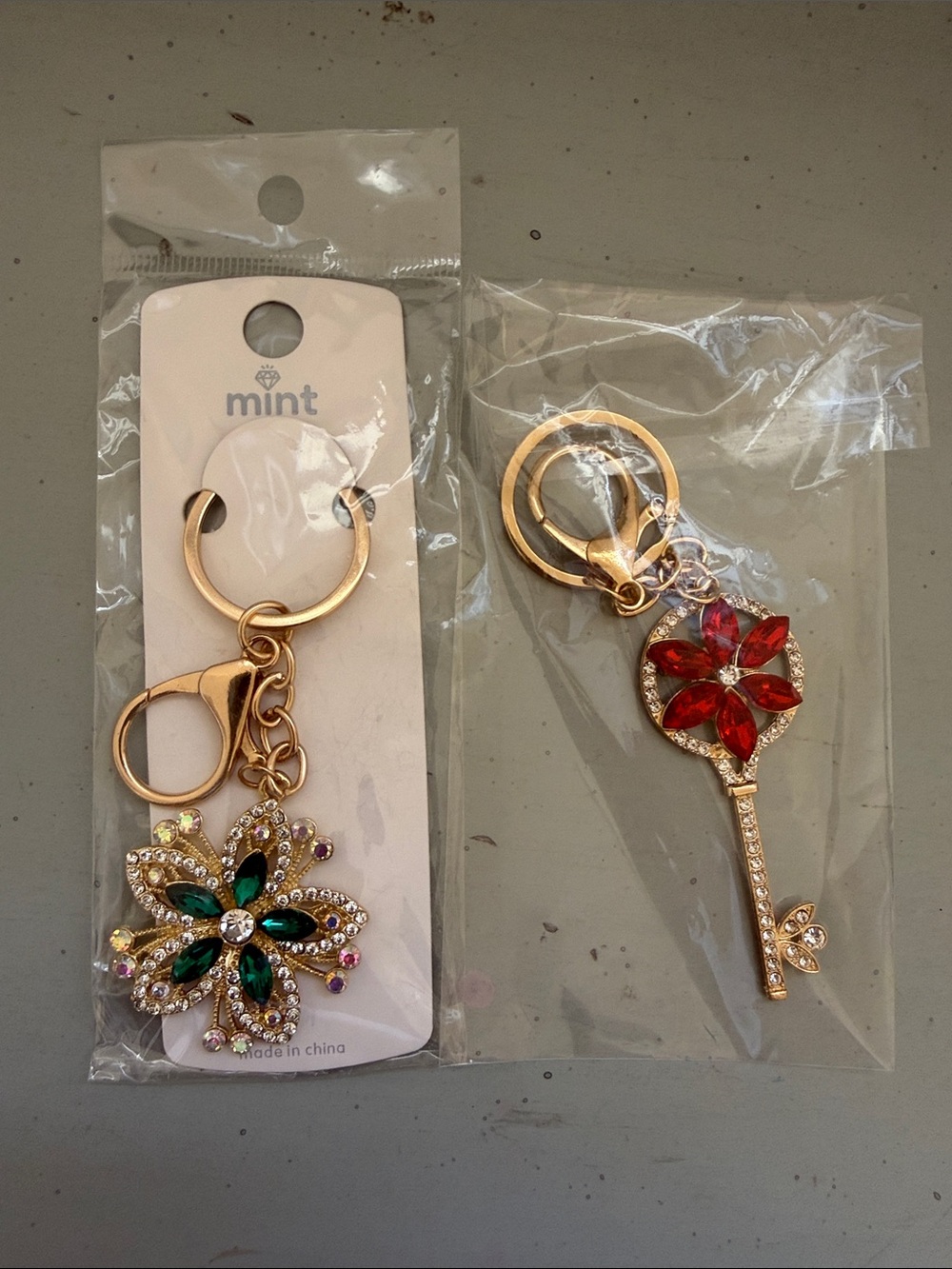 mint Gold Floral Crystal Key & Card Holder Set with Green and Red Accents
